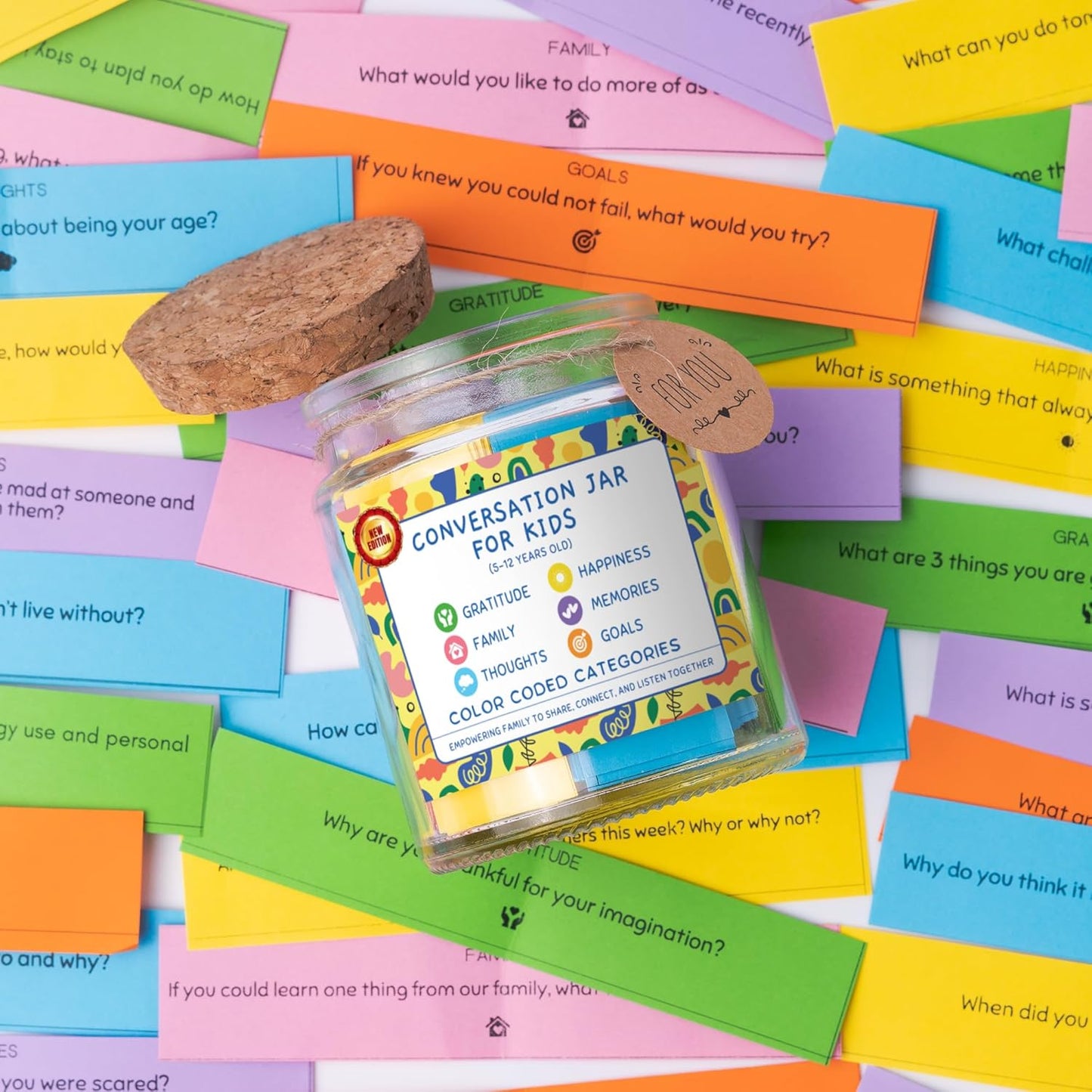 Conversation Cards for Kids In Jar, 150 Cards, Connect, Build Social Emotional Learning Skills, Mental Health Decor for School, Counseling Decor, Back to School Supplies
