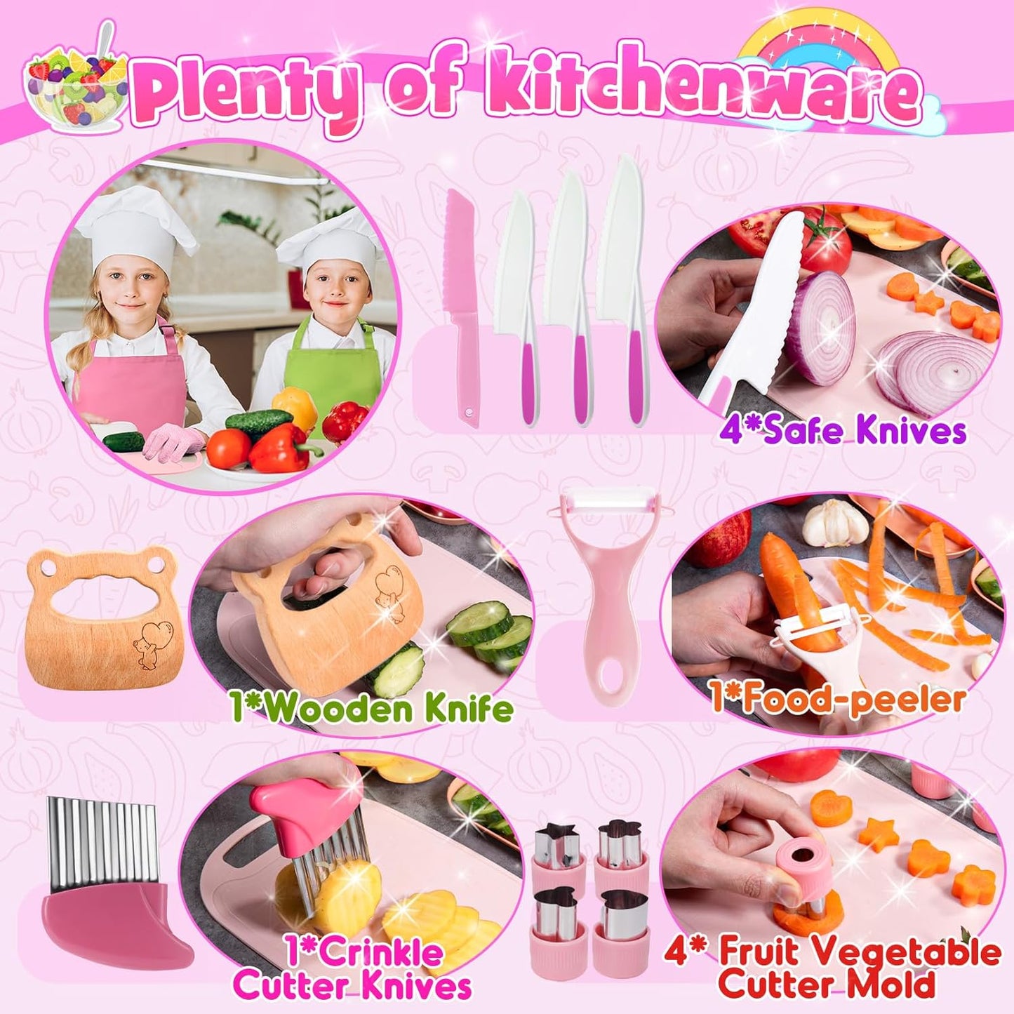Kids Baking Cooking Set Real & Toddler Kid Apron, Kids Knife Set for Real Cooking & Basket,Food-Grade Material,Montessori Toddler Kitchen Tools, Christmas Birthday Gift for 3-10 Year Old Girls Boys