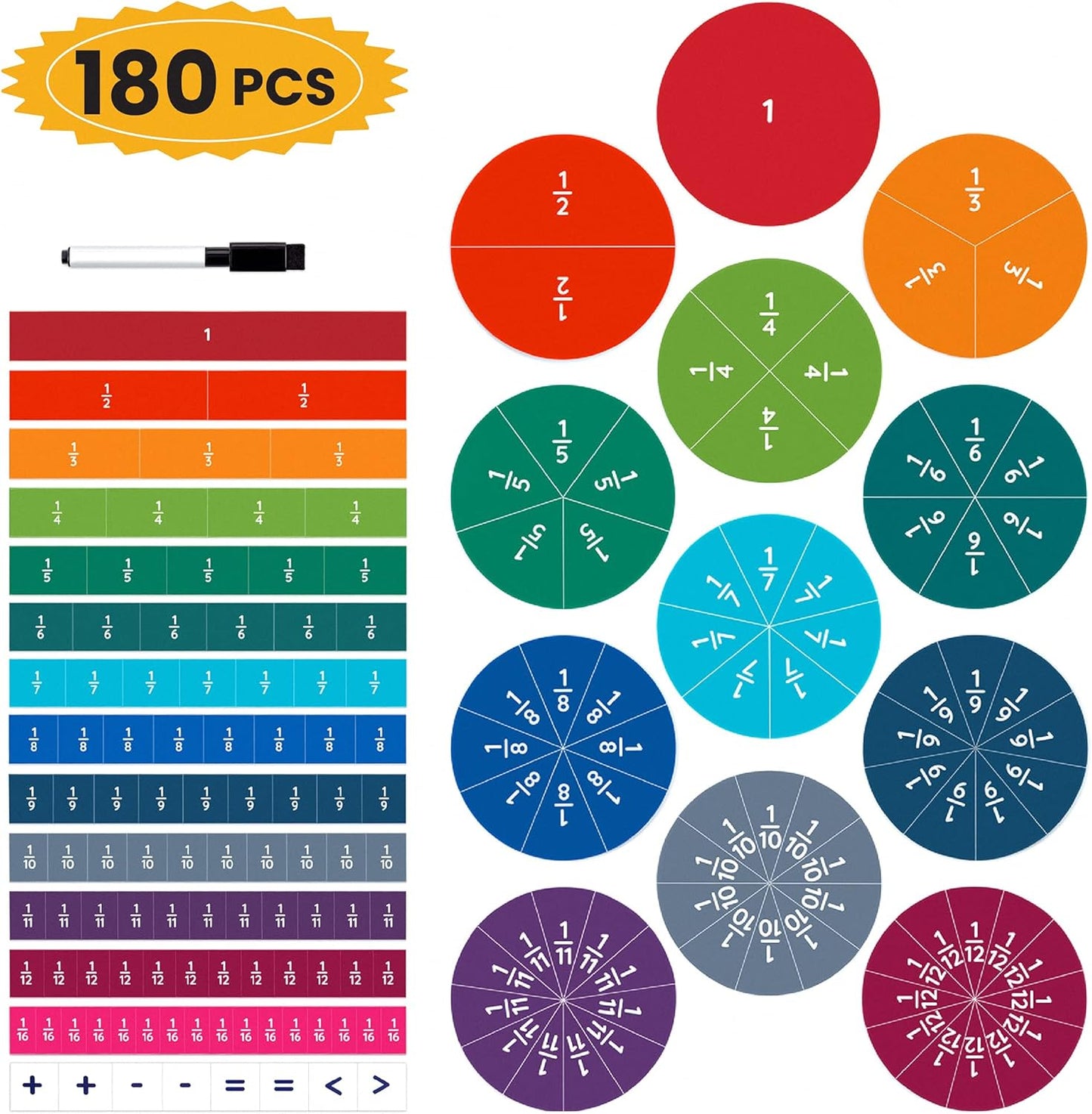 Oyster&Pop 180pcs Award-Winning Fraction Manipulatives - Large Magnetic Fraction Tiles and Circles Magnets Set - Fractions for Kids - Hands-On Montessori Math - Includes Learning Fractions eBook