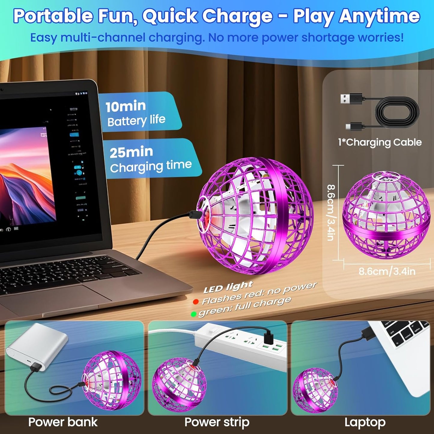 Flying Orb Ball Toy, 2026 Upgrade Hand Controlled Hover Ball with LED Lights,360° Rotating Boomerang Globe Cool Mini Drone, Ideal Birthday&Christmas Gift for Boys Girls-Blue & Purple