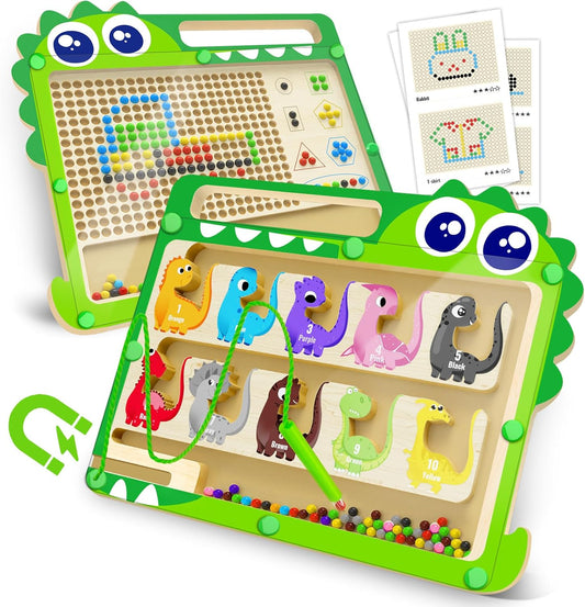FunMission 2-in-1 Double Side Dinosaur Magnetic Color and Number Maze & Drawing Board Educational Montessori Wooden Toys, Color | Number |Counting, Learning Fine Motor Sensory Toys