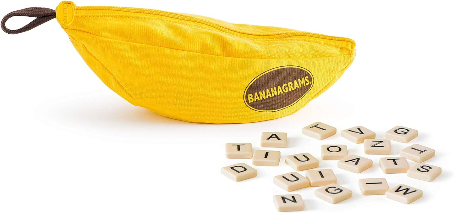 Bananagrams Classic Word Game – Fast-Paced Spelling & Anagram, Family & Travel Game , 144 Letter Tiles in Portable Banana Pouch, 1–8 Players, Educational Wordplay Fun for Ages 7+