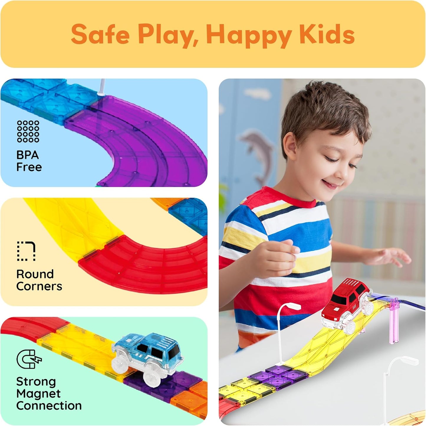 PicassoTiles 121pc Magnetic Tile Race Track Marble Run Magnet Tiles 3-in-1 Playset Car Racing Construction Set STEM Learning Early Education Building Toy Cars for School Toddlers Boys Girls Ages 3+