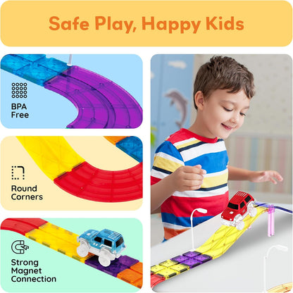 PicassoTiles 121pc Magnetic Tile Race Track Marble Run Magnet Tiles 3-in-1 Playset Car Racing Construction Set STEM Learning Early Education Building Toy Cars for School Toddlers Boys Girls Ages 3+