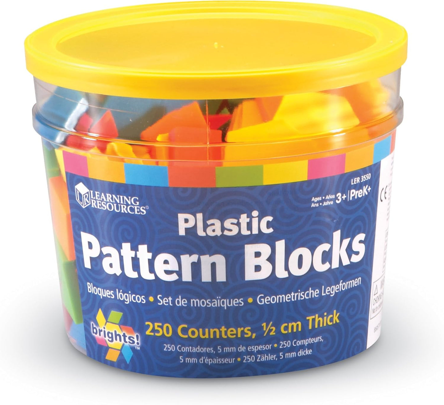 Learning Resources Brights Plastic Pattern Blocks, Geometry for Kids, Develops Shape and Color Recognition Skills, 250 Pieces, Ages 3 and Up