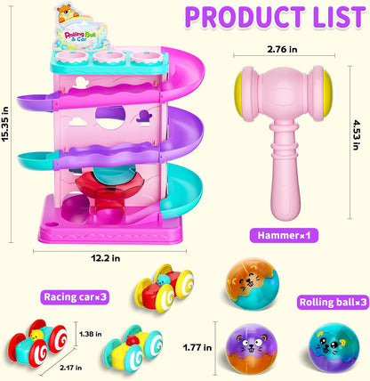 Funwee 2-in-1 Light Up Rolling Ball & Racing Car Ramp Toddler Toy, Race Track Hammer Ball Drop Toys, Interactive Montessori Learning Game for Kids 1-5+ Year Old Girl Boy Gift(Pink)