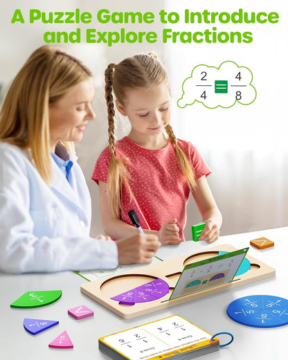 D-FantiX Wooden Fraction Educational Puzzle, Wood Fraction Tiles & Fraction Circles Set, Math Manipulatives for Elementary School, Montessori Fraction Manipulatives Games Learning Toys for Kids