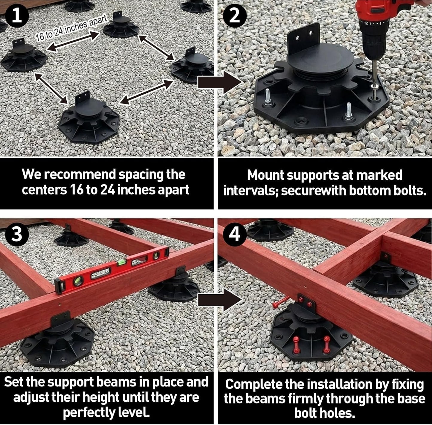 10-Pack Adjustable Deck Support Pedestal for Floating Deck Platform, Height Adjustment Range from 1-3/16" to 2-3/8", Black, Durable Deck Blocks, Easy Installation, Versatile Use