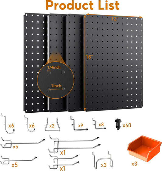 Peg Board, 112PCS Heavy Duty Metal Pegboard with Hooks, 6 Pack Black Peg Board Panels, 60lbs Load Capacity Each, Pegboard Wall Organizer for Garage, Workshop, Kitchen, Craft Rooms