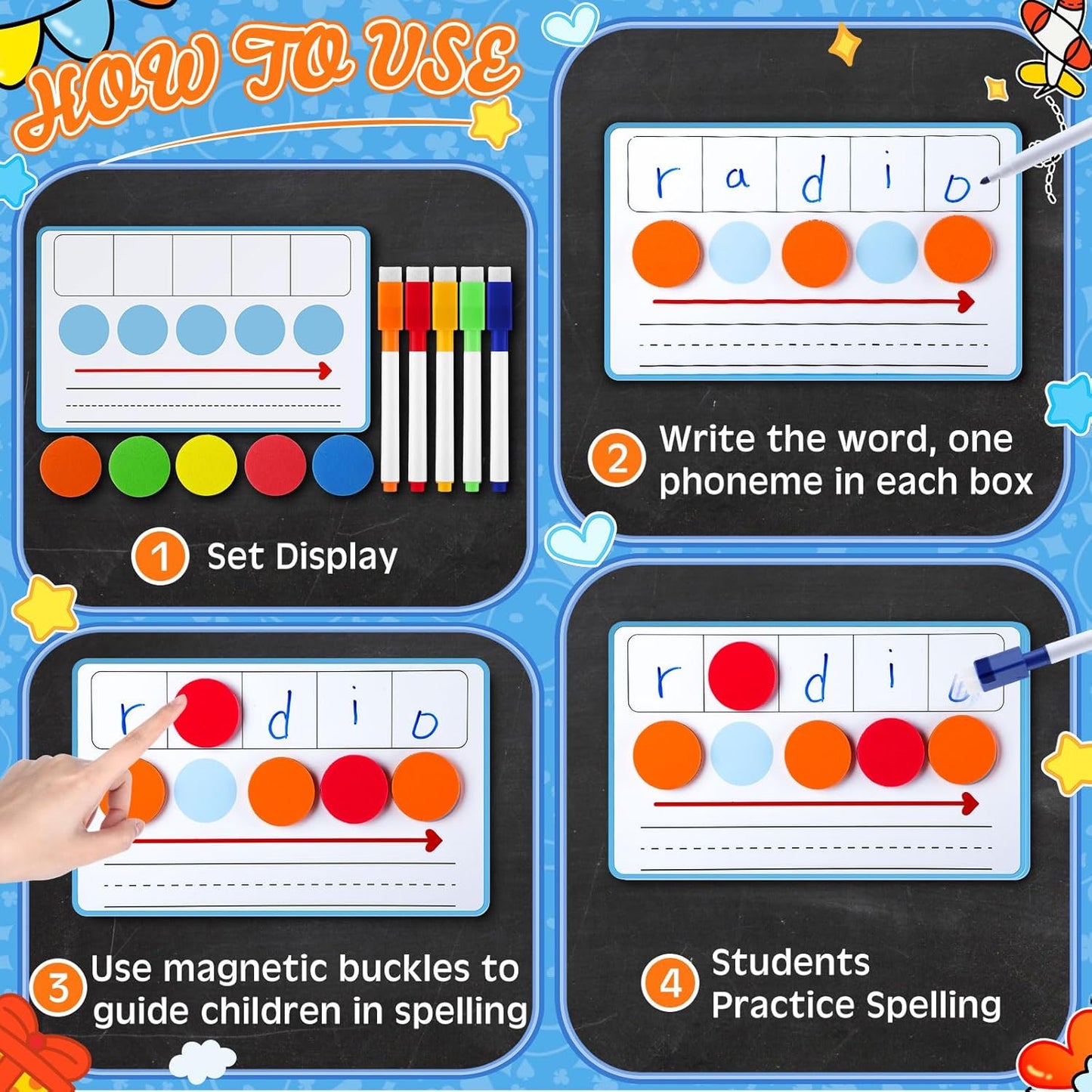 Nezyo 10 Pcs Phonemic Awareness Games Dry Erase Board Phonics Games with Magnetic Button and Pen Educational Gift for Kindergarten Classroom Kids Letter Sound Science Reading (Blue)