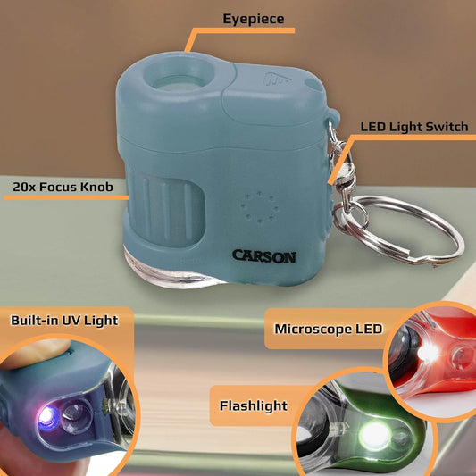 Carson MicroMini 20x Lighted Compact Pocket Microscope, UV and LED Flashlight, Orange (MM-280O)