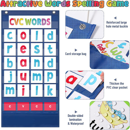 Pasimy CVC Word Pocket Chart with 65 Double-Sided Phonics Flash Cards Classroom CVC Word Literacy Games Preschool Kindergarten Classroom Must Haves for Learning Reading and Spelling(Blue)