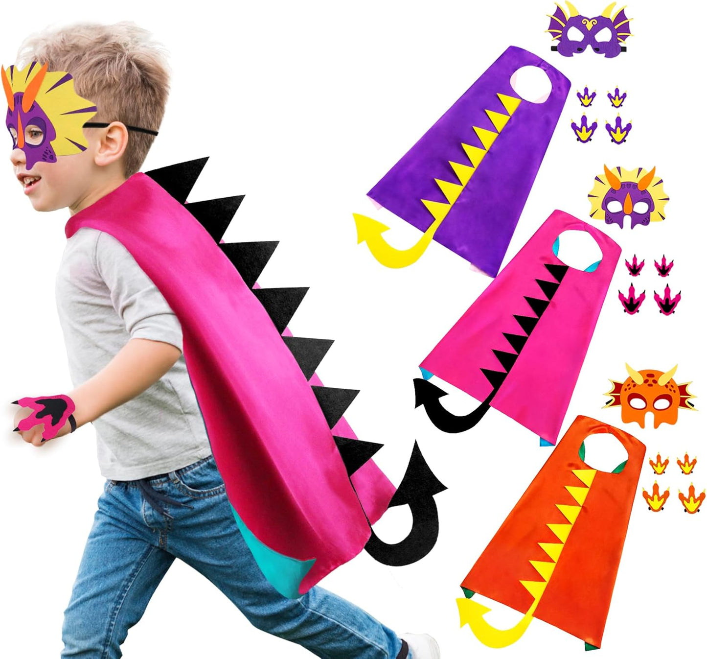 iROLEWIN Dinosaur-Costume for Kids Dragon-Capes Dino Masks Claws as Toddlers Dress-up Birthday Gifts Party Toys 3+ Boy Girls