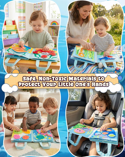 Montessori Busy Book for Toddlers, 8-Page Sensory Activity Book for Fine Motor Skills & Basic Dress Learning, Portable Travel Toy for Preschool Kids, Birthday Gift for Boys and Girls (Blue)