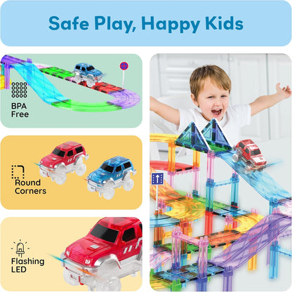 PicassoTiles 121pc Magnetic Tile Race Track Marble Run Magnet Tiles 3-in-1 Playset Car Racing Construction Set STEM Learning Early Education Building Toy Cars for School Toddlers Boys Girls Ages 3+