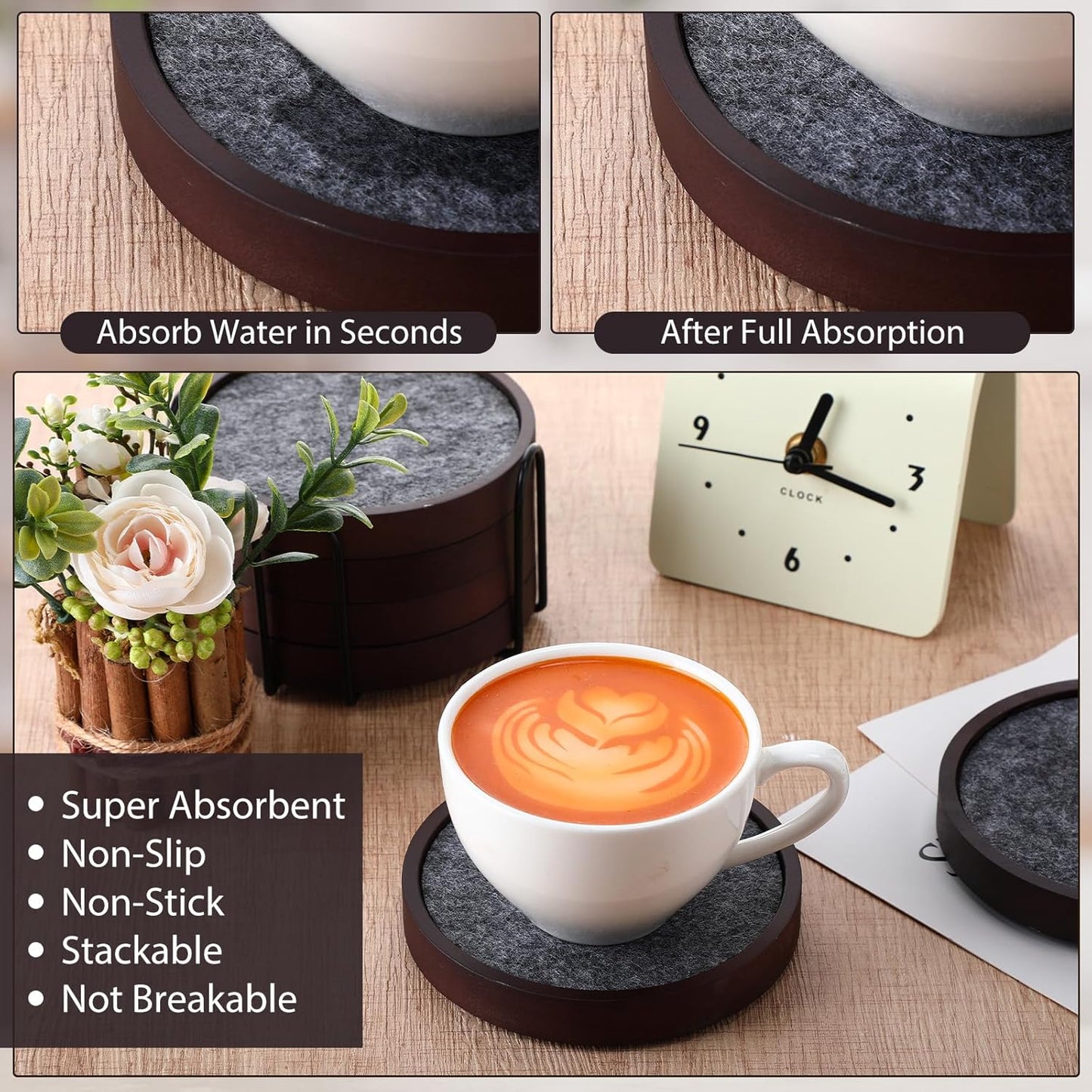 Patelai 12 Pcs Wooden Drink Coasters Set 4.3'' Absorbent and Insulation Felt Stackable Cup Holders for Tabletop Protection, Rustic Glass Coaster for Coffee, Home Decoration