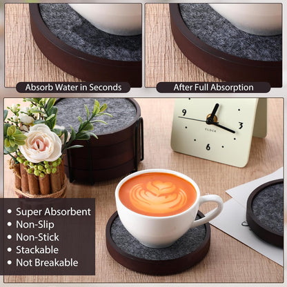 Patelai 12 Pcs Wooden Drink Coasters Set 4.3'' Absorbent and Insulation Felt Stackable Cup Holders for Tabletop Protection, Rustic Glass Coaster for Coffee, Home Decoration
