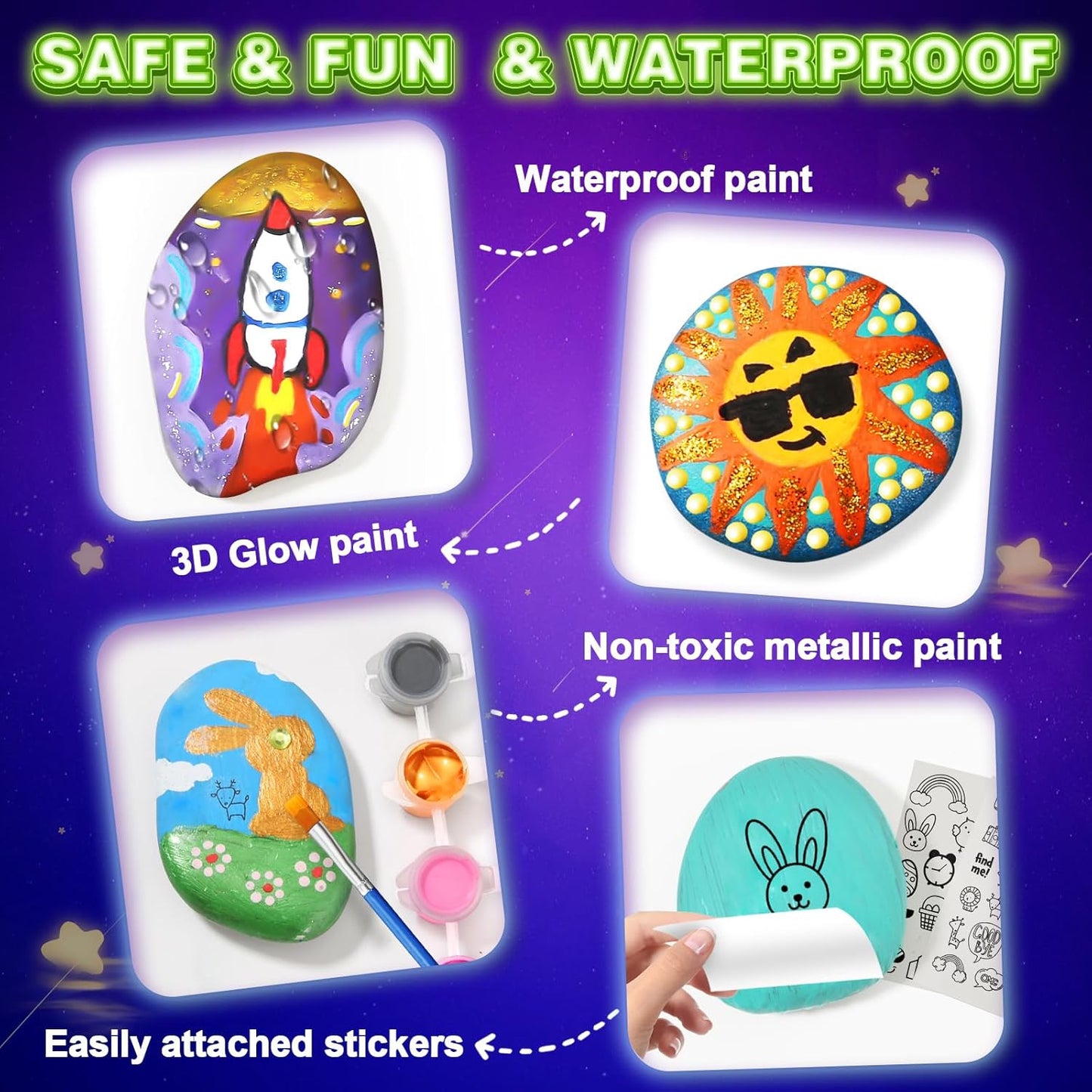 Toidgy Rock Painting Kit for Kids - Glow in The Dark, Arts and Crafts Gift for Boys Girls Ages 4-12, Craft Kits Art Supplies for Kids Activities, Creative Art Toys Age 4, 5, 6, 7, 8, 9, 10, 11, 12