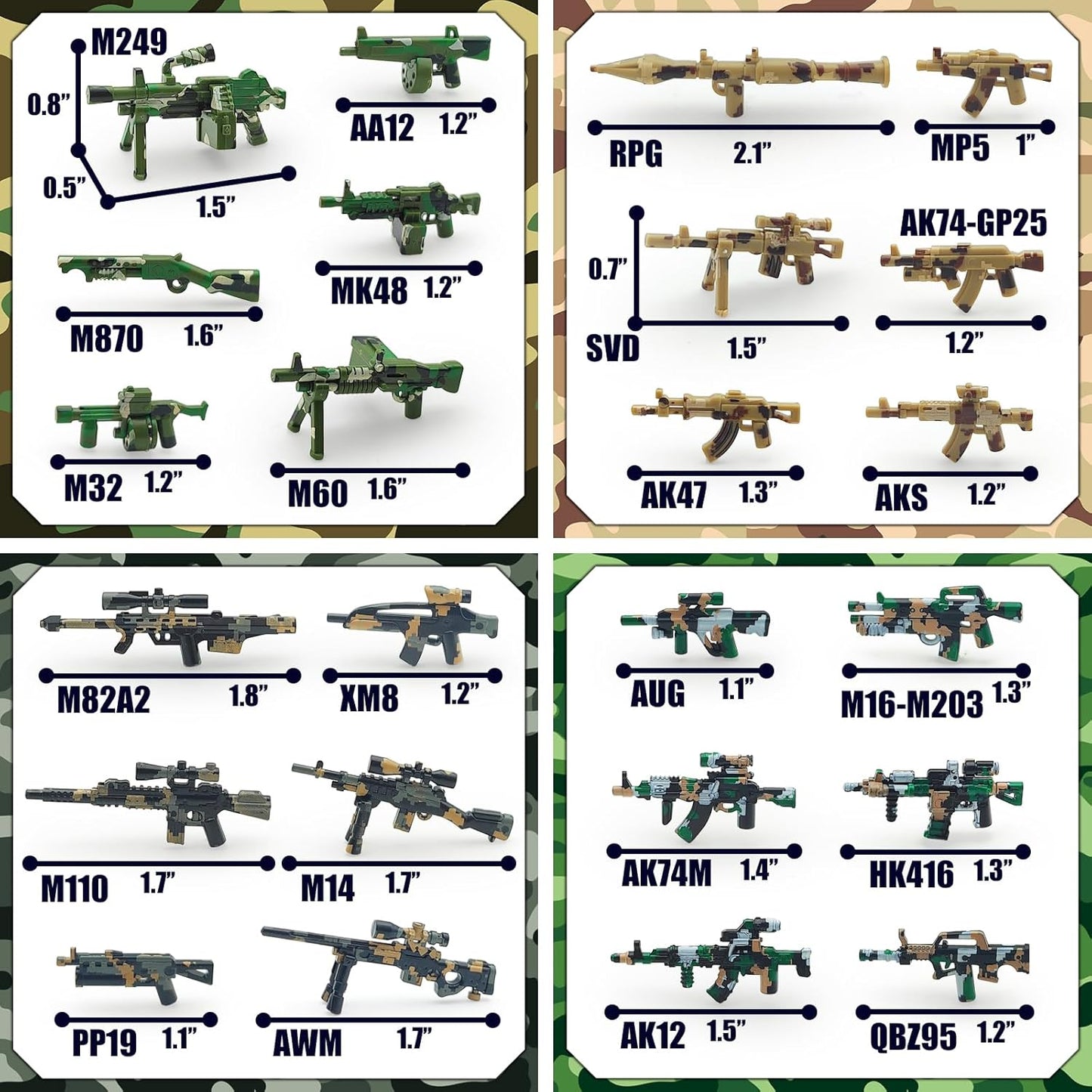 Military Minifigure Camouflage Accessories Set with Weapon Boxes, Army Weapons Guns Helmets E.O.D Suits Shields Tactical Gear Building Blocks Soldiers Kit for Kids Compatible with Major Brands