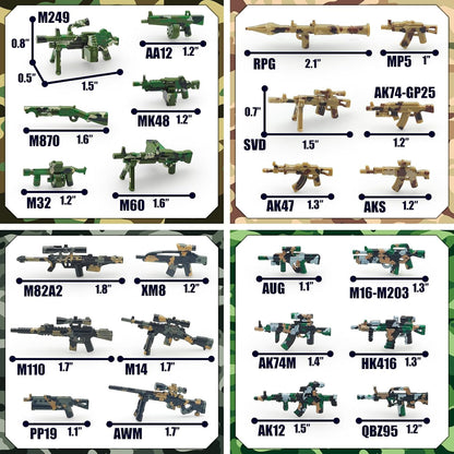 Military Minifigure Camouflage Accessories Set with Weapon Boxes, Army Weapons Guns Helmets E.O.D Suits Shields Tactical Gear Building Blocks Soldiers Kit for Kids Compatible with Major Brands