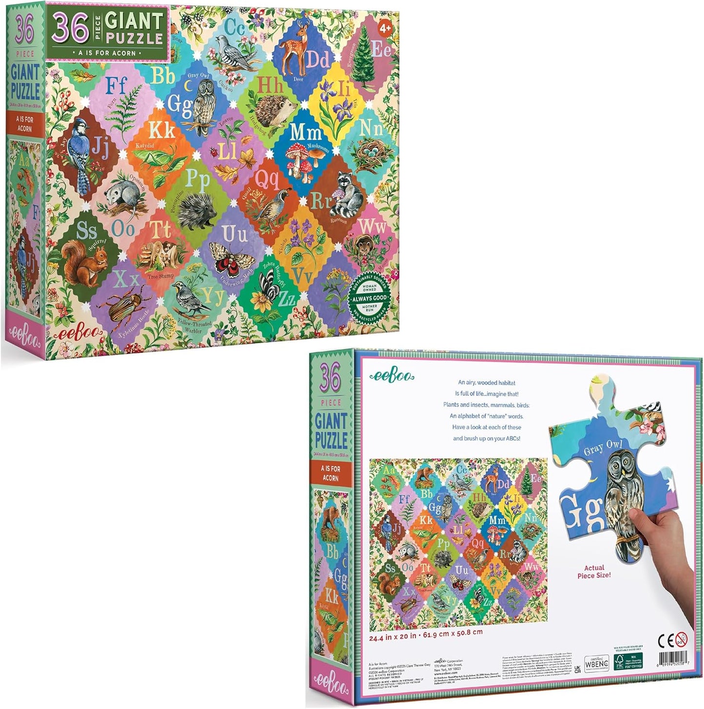 eeBoo 36 Piece Giant Floor Puzzle - Dinosaur Alphabet Children's Puzzle ABC & Dino Themed, Large Pieces for Small Hands to Develop Motor Skills