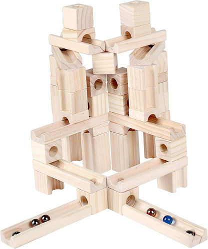 Golden Age Marble Run Toys, 60 Pieces Wooden Classic Ramps Track Building Construction Set for Children Toddler