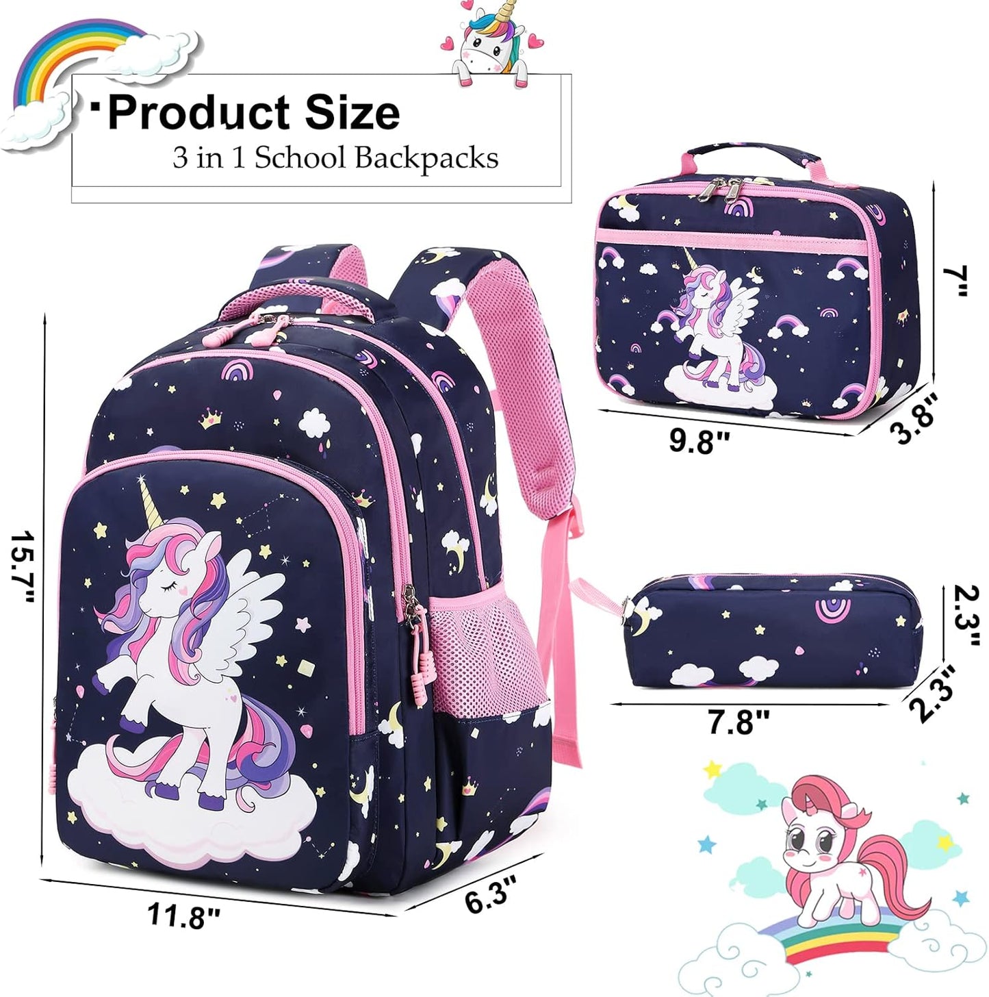 Girls Backpack for Elementary Unicorn Backpack Kids Backpack School Bookbag for Girls 3 in 1 Set Back to School