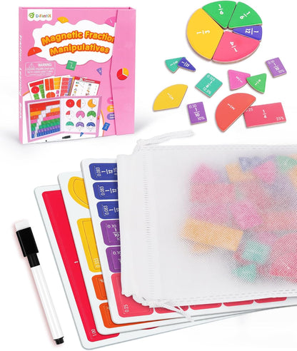 D-FantiX Magnetic Fraction Educational Puzzle, Magnetic Fraction Tiles & Fraction Circles Set, Math Manipulatives for Elementary School, Montessori Fraction Manipulatives Learning Toys for Kids