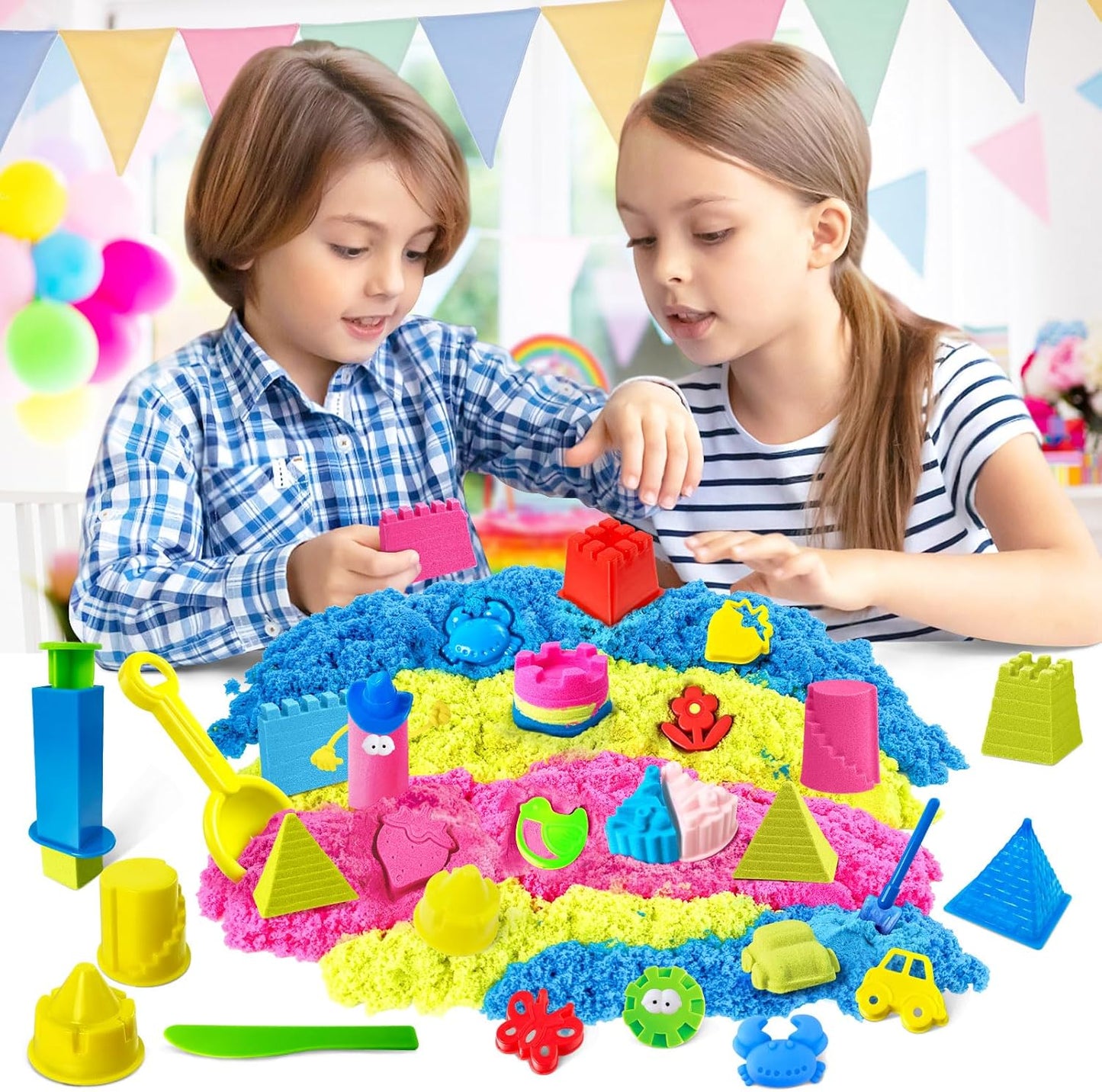 ESSENSON Sensory Bin - 52 PCS Play Sand Kit with 3lbs Magical Sand, Beach Toys Castle Molds Sand Molds, Sensory Toy Sandbox, Kids Gifts for Girls and Boys
