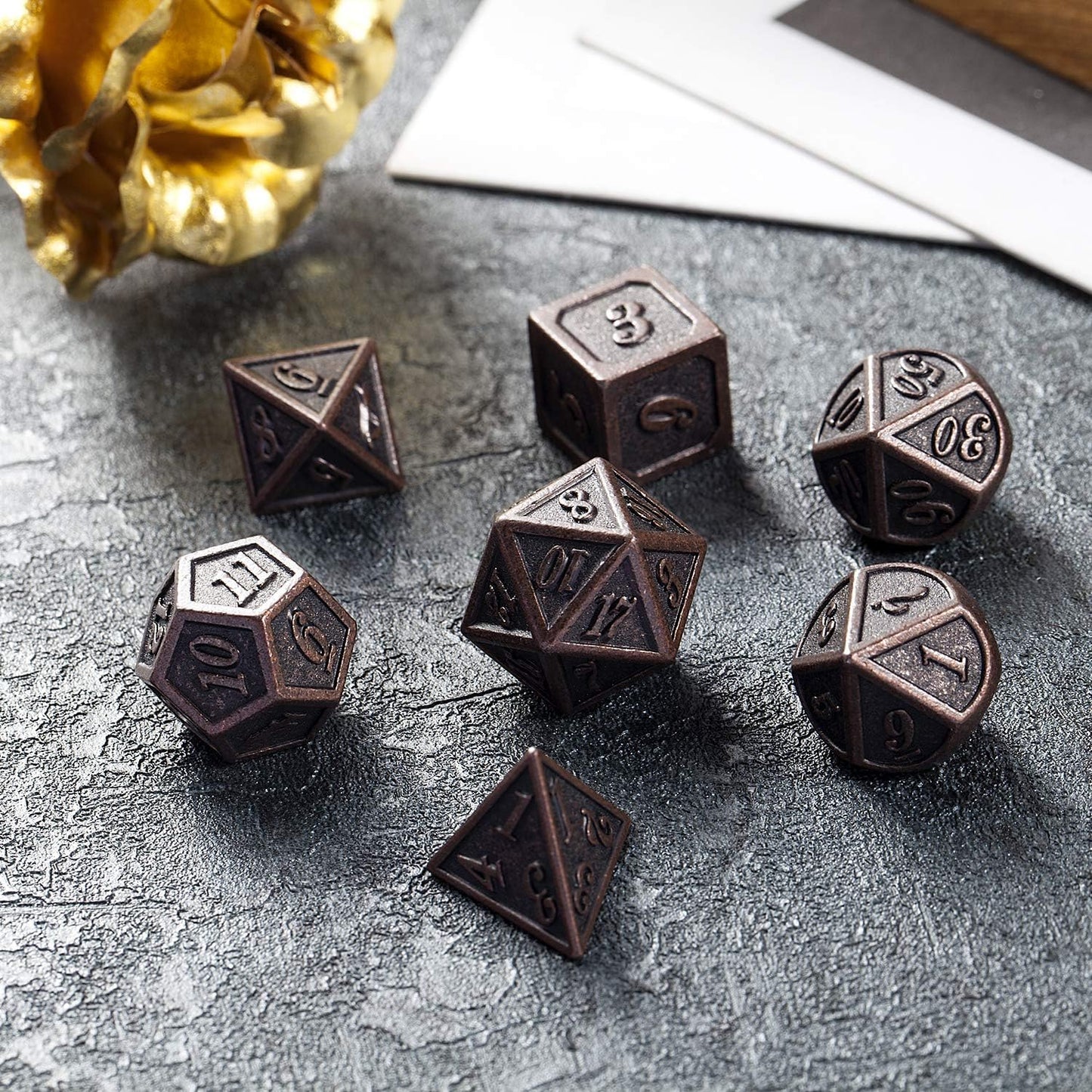 DnDnD Heavy Polyhedral Metal Dice Set with Metal Box, 7-die Shiny Blue Surface with Golden Number for RPG,Dungeons and Dragons,Pathfinder,Shadowrun,D&D,Role Palying Game and Math Teaching - Colors B