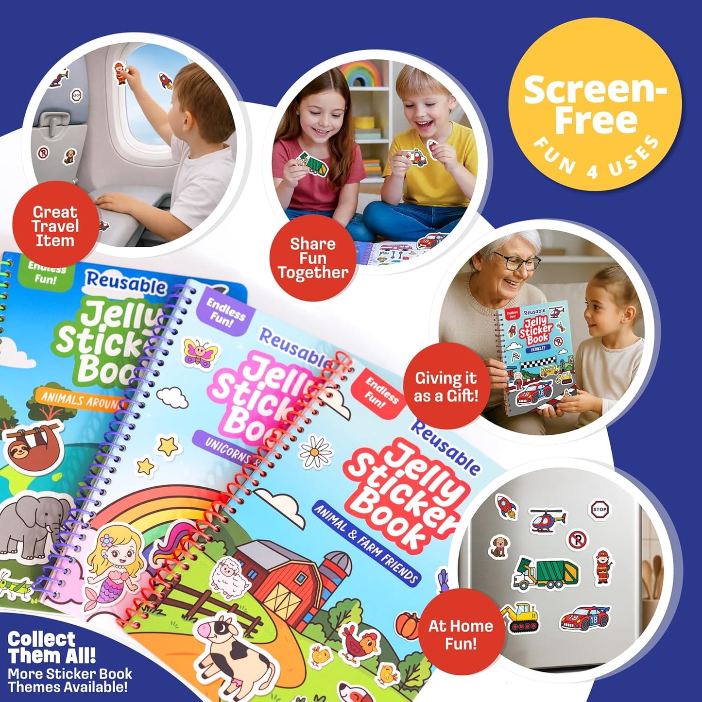 Reusable Jelly Sticker Book - Farm, 7 Scenes - 50 Thick Washable Stickers for Toddlers & Kids: Animals Stickers for Kids, Gift for Ages 3-5 Years Old - Toddler Travel Toys 2-4, Road Trip Activities