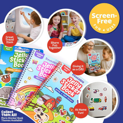 Reusable Jelly Sticker Book - Farm, 7 Scenes - 50 Thick Washable Stickers for Toddlers & Kids: Animals Stickers for Kids, Gift for Ages 3-5 Years Old - Toddler Travel Toys 2-4, Road Trip Activities