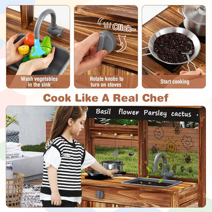 KOTEK Mud Kitchen with Canopy, Outdoor Play Kitchen with Removable Sink, Chalkboard, 4 Stoves, Cooking Accessories & Storage Cabinet, Wooden Toy Kitchen Playset for Kids Age 3+