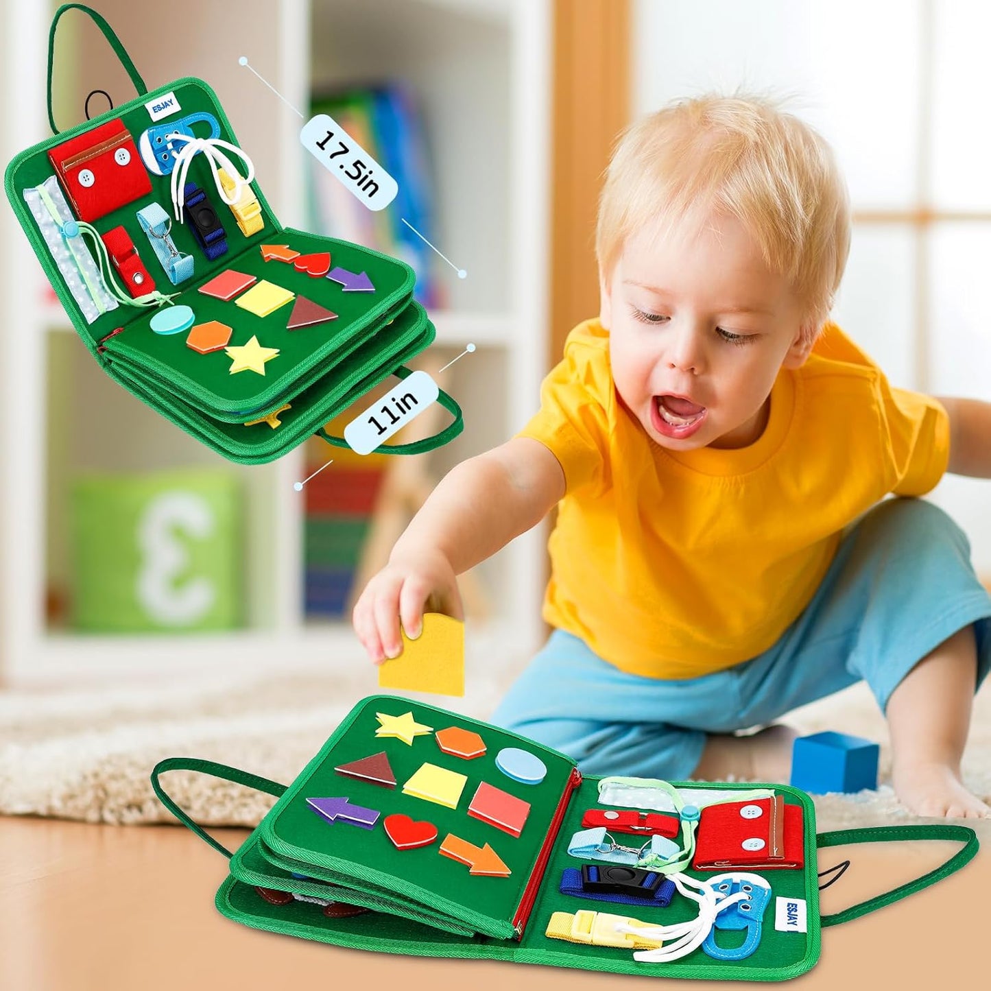 Esjay Toddler Busy Board Montessori Toys for Boys Girls, Sensory Book Educational Activities for Learning Fine Motor Skills, Birthday Gifts for Toddlers, Travel Toys for Airplane Car, White Dinosaur