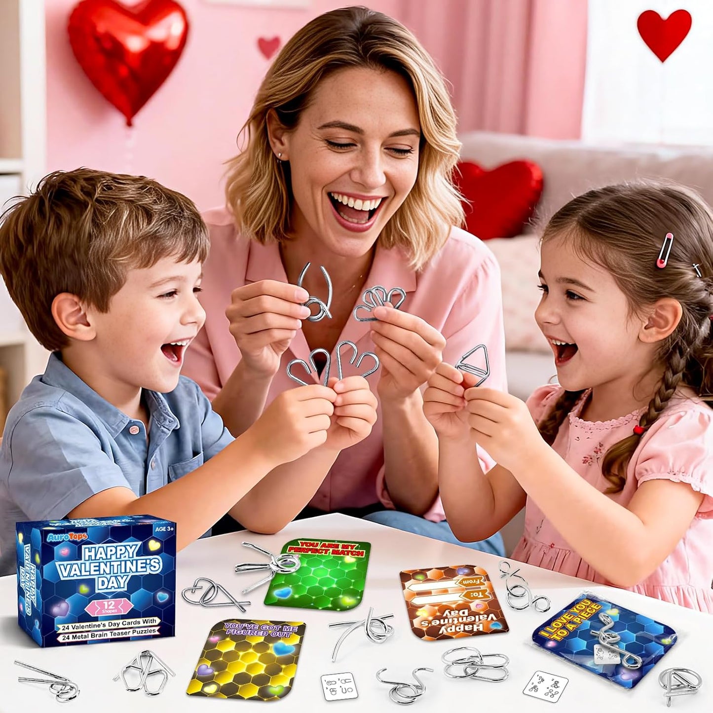 AuroTops 24 Pack Valentine Cards for Kids with Metal Brain Teaser Puzzles,Kids Valentines Day Gifts for School,Valentines Day Party Favors,Classroom Exchange Gift,Fidget Toys Bulk,Classroom Prizes