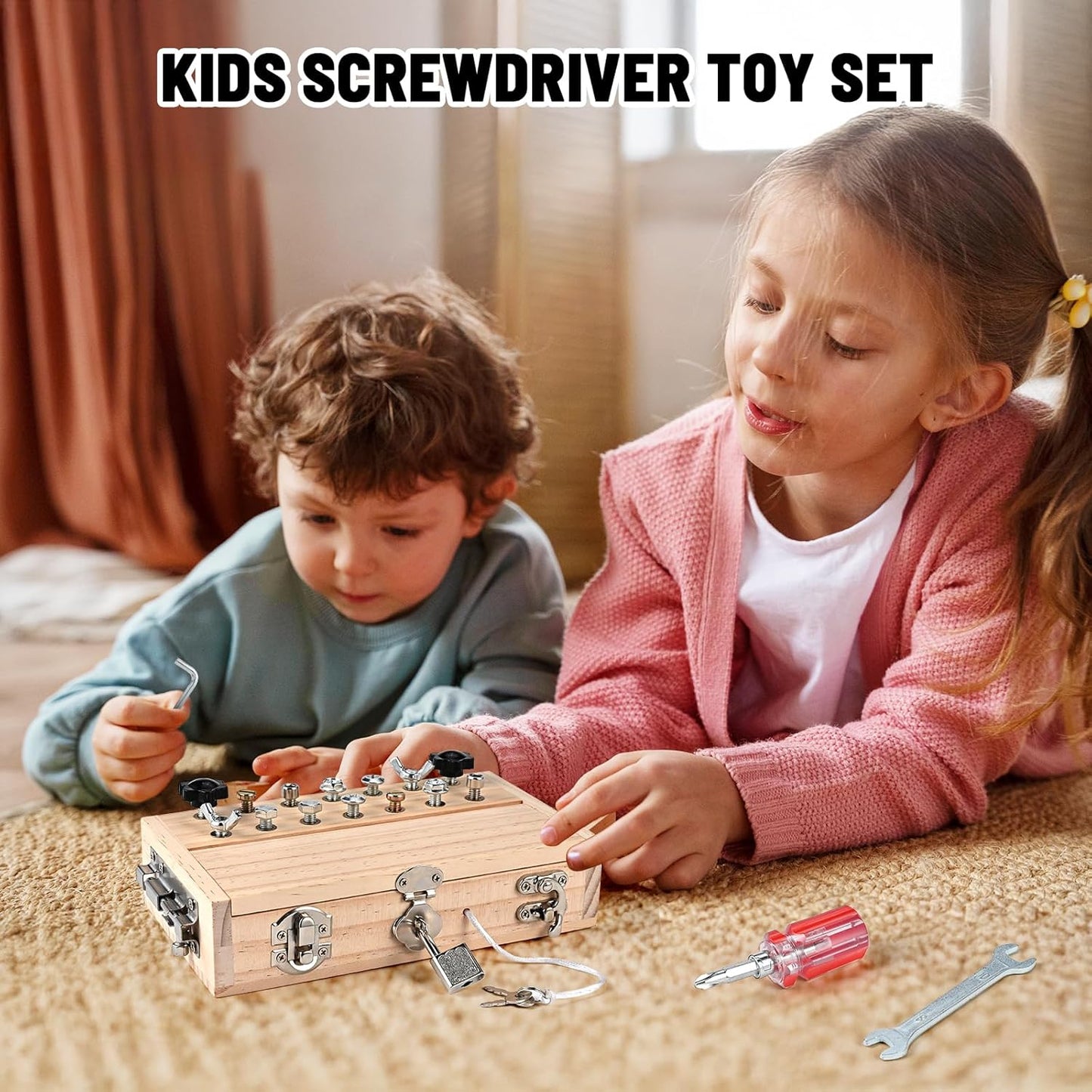 Montessori Screwdriver Board Set, Montessori Toys for 3 4 5 with 6 Locks and Keys, Toddler Screwdriver Toy, Kids Tool Set, Preschool Learning Sensory Toy, Fine Motor Skills Toys