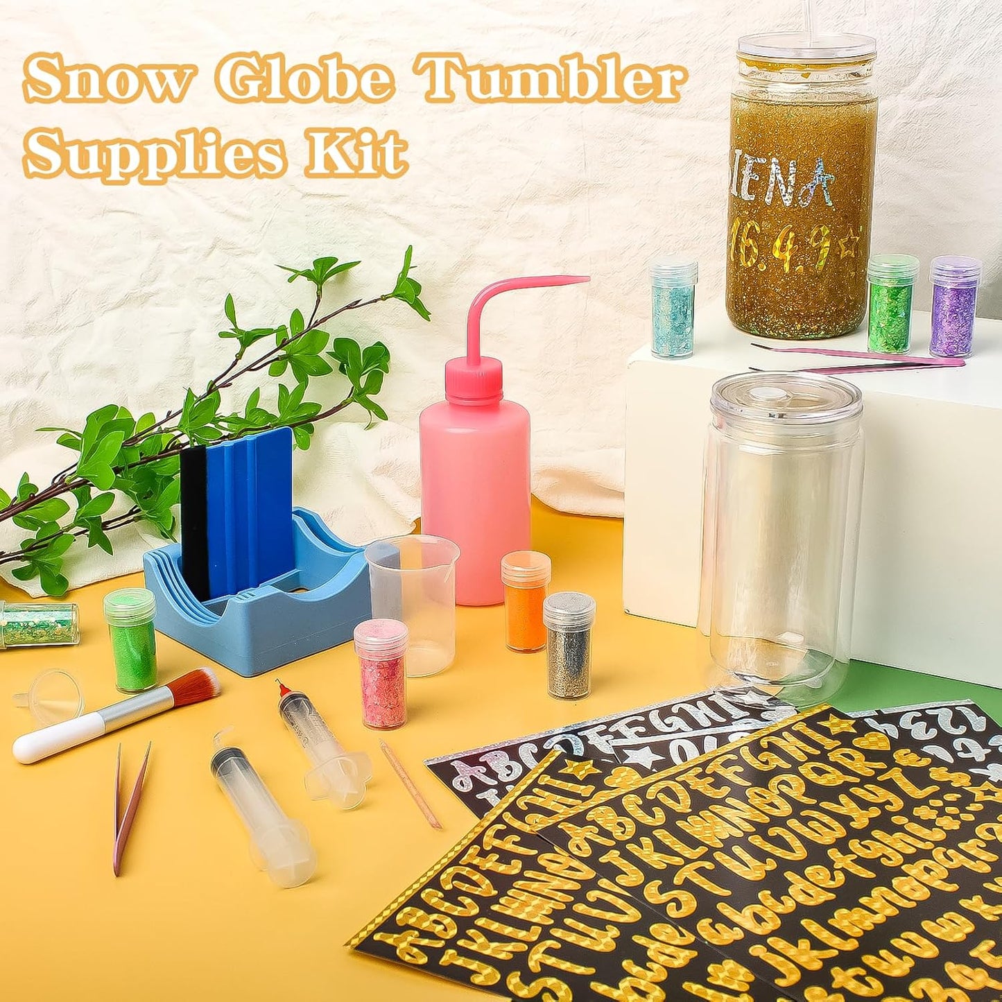 Bumaeu 61Pcs Snow Globe Tumbler Starter Kit Includes 16oz Double-Wall Acrylic Snowglobe Cups Suitable for Beginners DIY Kit Includes Glitters Stickers and Accessories
