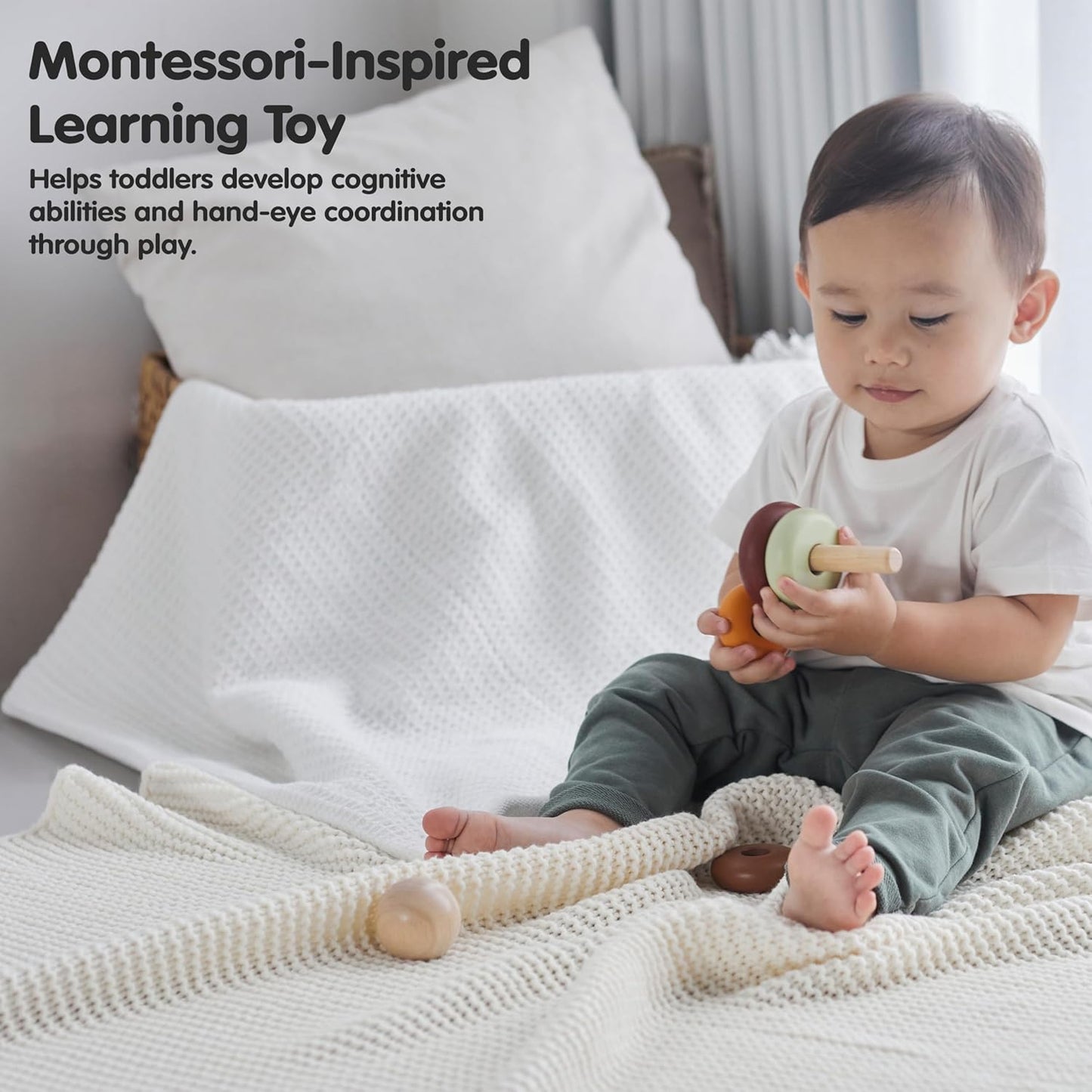 PlanToys® My First Stacking Toy Wooden Rings in Modern Rustic Shades | Montessori Fine-Motor Development Toy for Focus, Coordination & Early Learning | Eco-Friendly Educational Toy