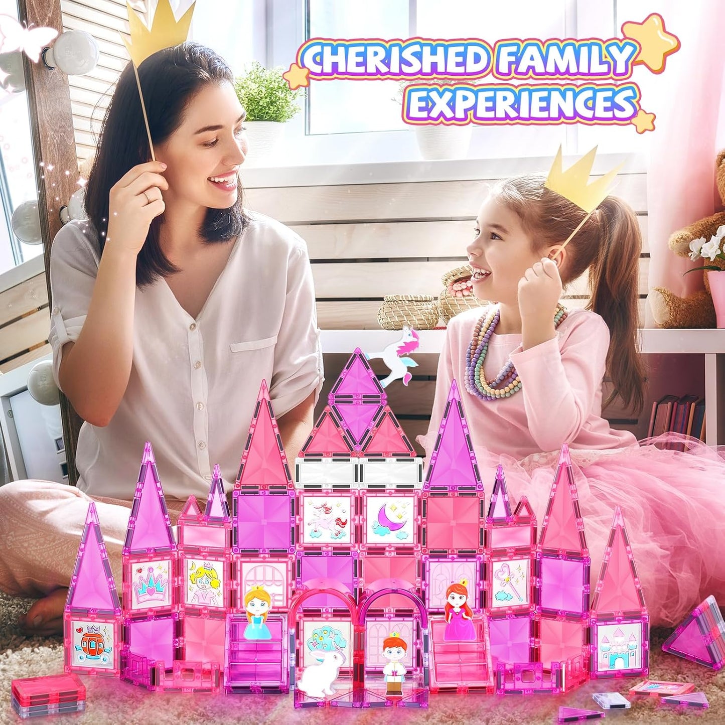 101PCS Magnetic Blocks Set Including Cars and Accessories, Princess Magnet Building Tiles Sets, Castle Magnet Blocks STEM Toys for Girls Kids Ages 3 4 5 6 7 8 9+ Year Old