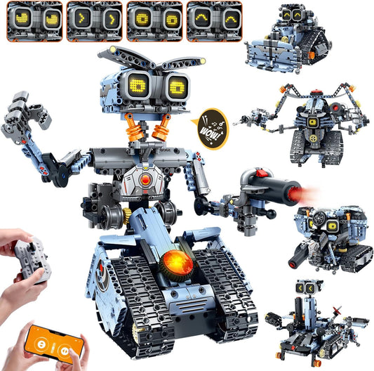 HiWEEGO Changeable LED Eyes Robot Building Set- 5 in 1 Remote & App-Controlled Robotic Building Block RC Elephant/Bulldozer/Tank/Tracked Model Kit Toys Gift for Kids Boys Girls Teens Age 12+ Years Old