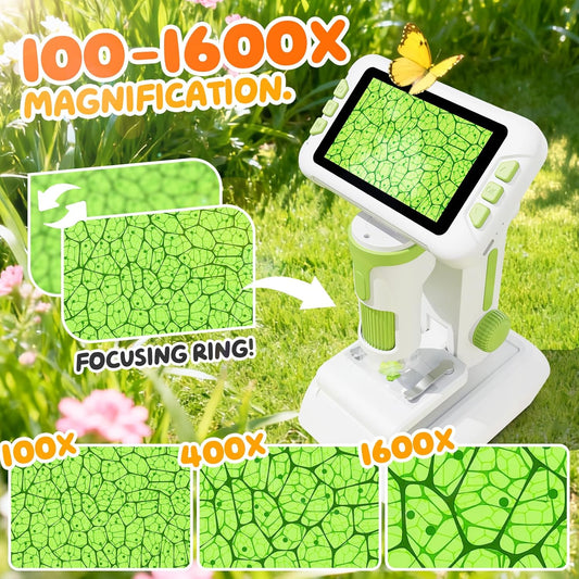 1600X Microscope for Kids, 4K 4.0" Digital Screen Kids Microscopes with Slides Kit, Educational Science Toys for Christmas Birthday Gifts for 3-14 Year Old Children Students