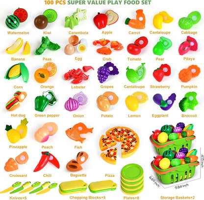 100 Pcs Play Food Set for Kids Kitchen, Pretend Food Toy for Toddlers Age 1-3, Plastics Cutting Fake Food/ Fruit/ Vegetable Accessories with 2 Baskets, Birthday Gifts for 2 3 4 5 Years Old Boys Girls