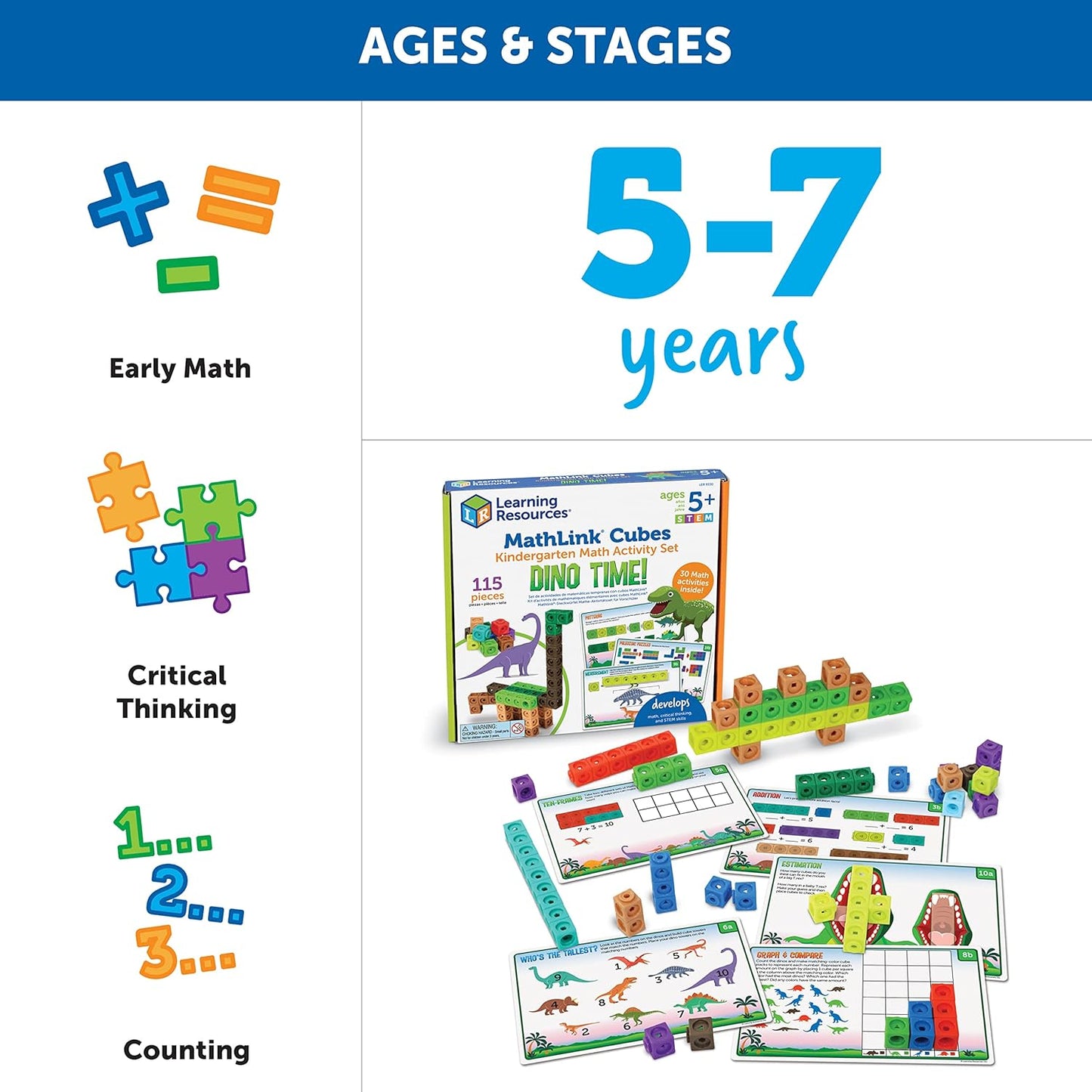 Learning Resources MathLink Cubes Kindergarten Math Activity Set Sea Adventures! - 115 Pieces, Age 5+, STEM Teaching Toys, Kindergartner Games