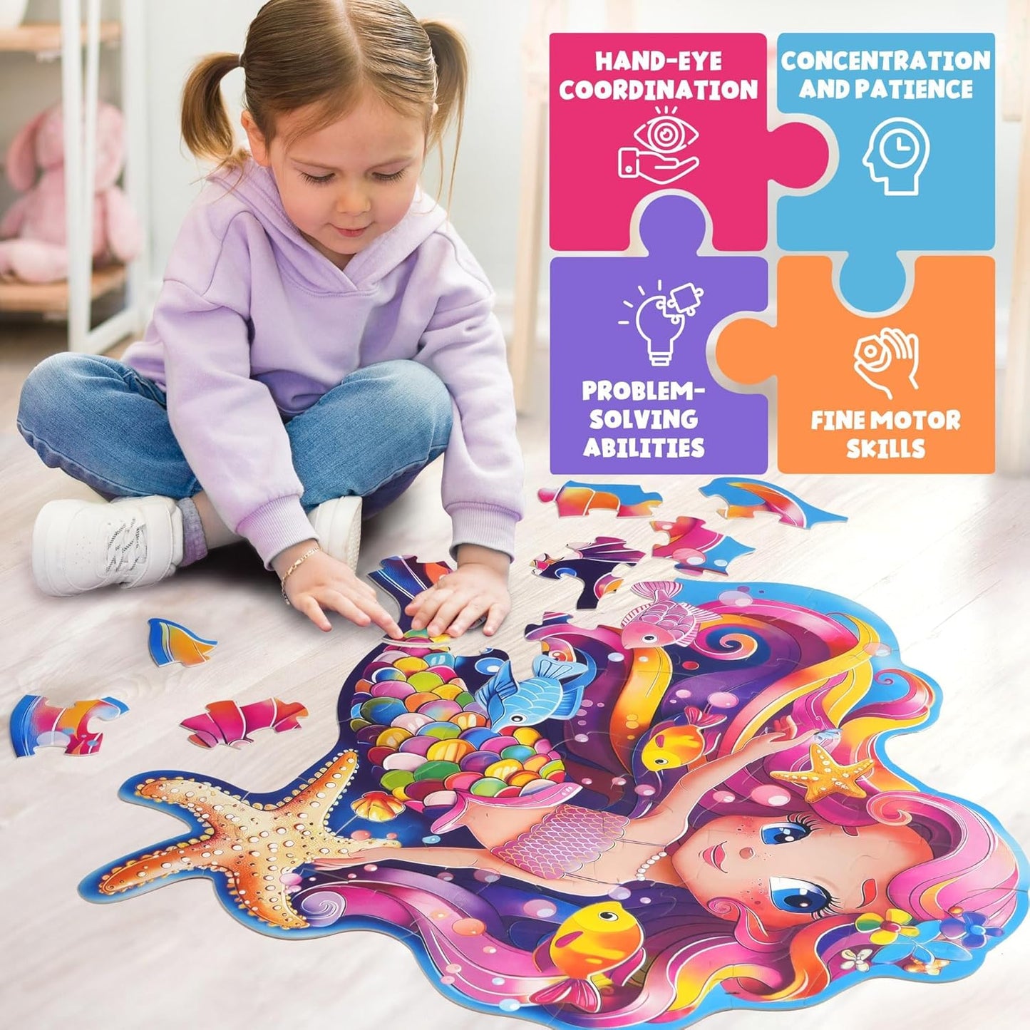 BenBen Floor Puzzles for Kids, 52 Piece Jumbo Mermaid Puzzle for Kids Ages 4-6, Large Jigsaw Puzzle for Toddlers 3-5, Mermaid Toys Birthday Gift for Girls Boys
