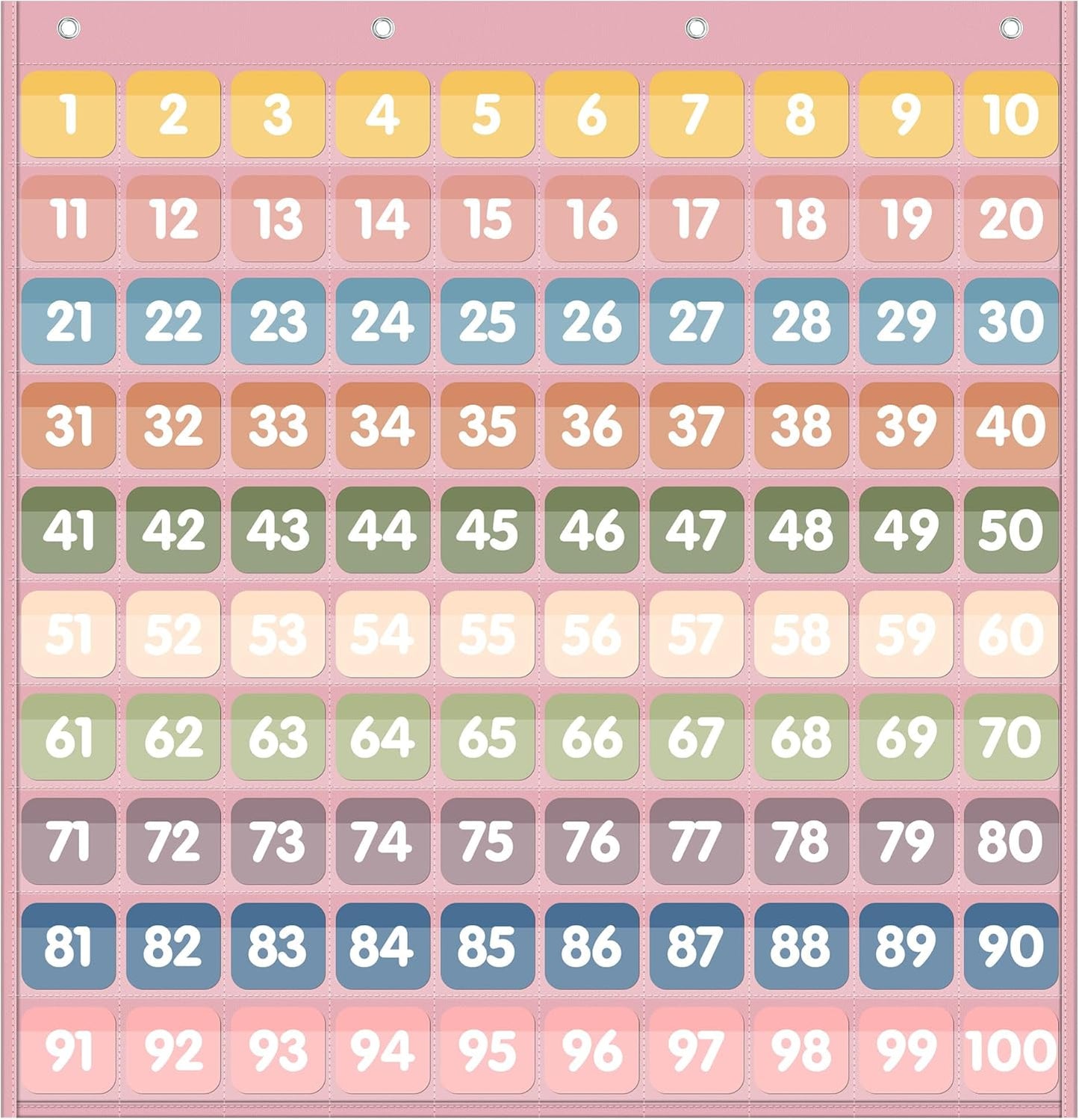 Yoink 100 Pockets Number Chart with 120 Double-Sided Number Cards, Boho Hundred Pocket Chart for Classroom Homeschool Teachers Kids Learning, Pink