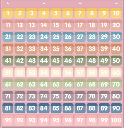 Yoink 100 Pockets Number Chart with 120 Double-Sided Number Cards, Boho Hundred Pocket Chart for Classroom Homeschool Teachers Kids Learning, Pink