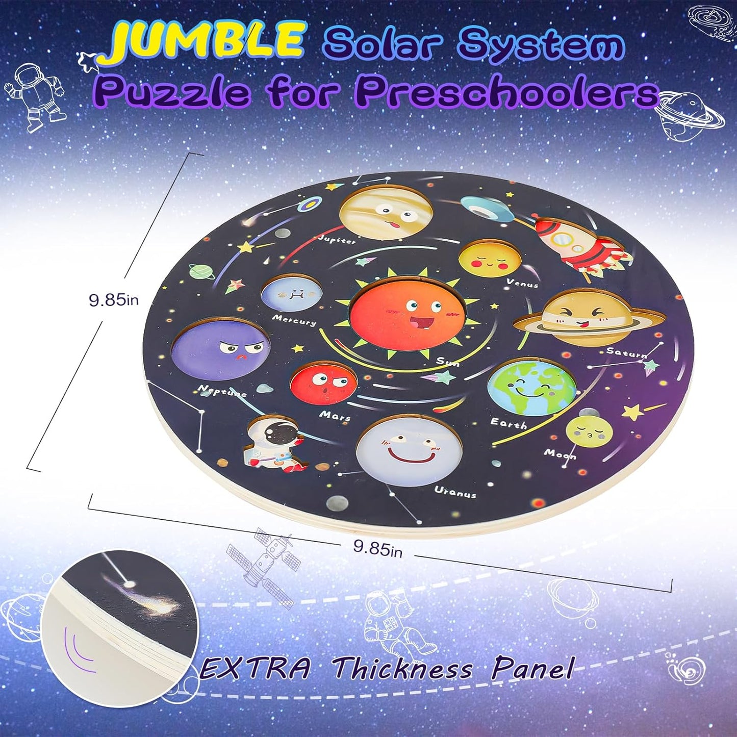 Zeoddler Solar System Puzzle for Kids 3-6, Wooden Space Toys, Planets for Kids, Preschool Learning Activities, Gift for Boys, Girls