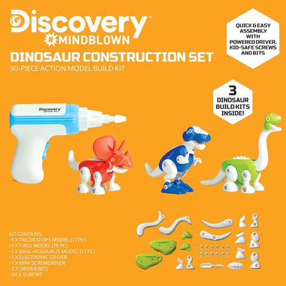 Discovery™ Dinosaur Construction Set, 90-Piece Action Model Build Kit, Kid-Safe Electronic Tools & Screws, Create T-Rex Triceratops, Prehistoric Monster Learning STEM Toy for Paleontologists