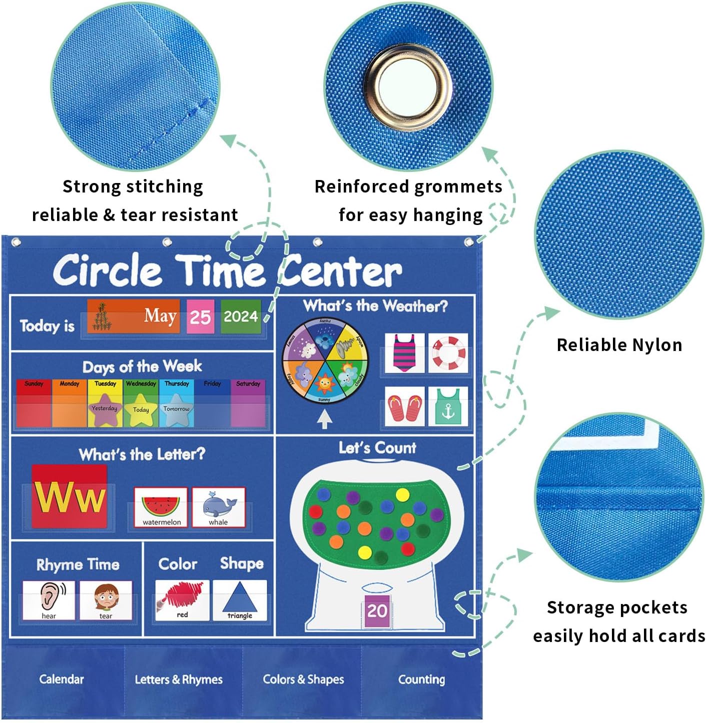 Circle Time Learning Center Pocket Chart for Classroom, Dry Erase Alphabet & Number Flash Cards, Write ABC Letter Tracing Writing Practice Games for Kids, Learning Weather Counting Color Shape