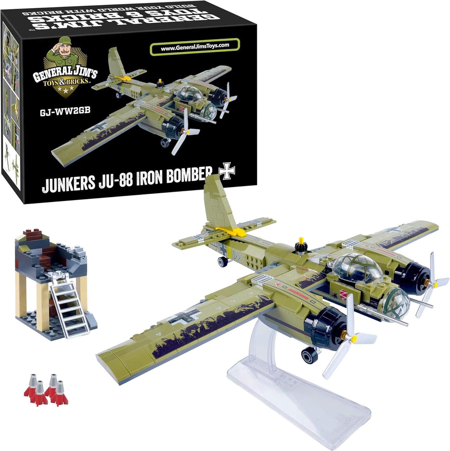 General Jim's WWII Iron Empire JU-88 Bomber Plane Building Blocks Set, 559 Pieces German Twin-Engine Aircraft Model w/Display Stand, Detailed WWII Airplane Compatible w/Major Brick Brands | GJ-WW2GB